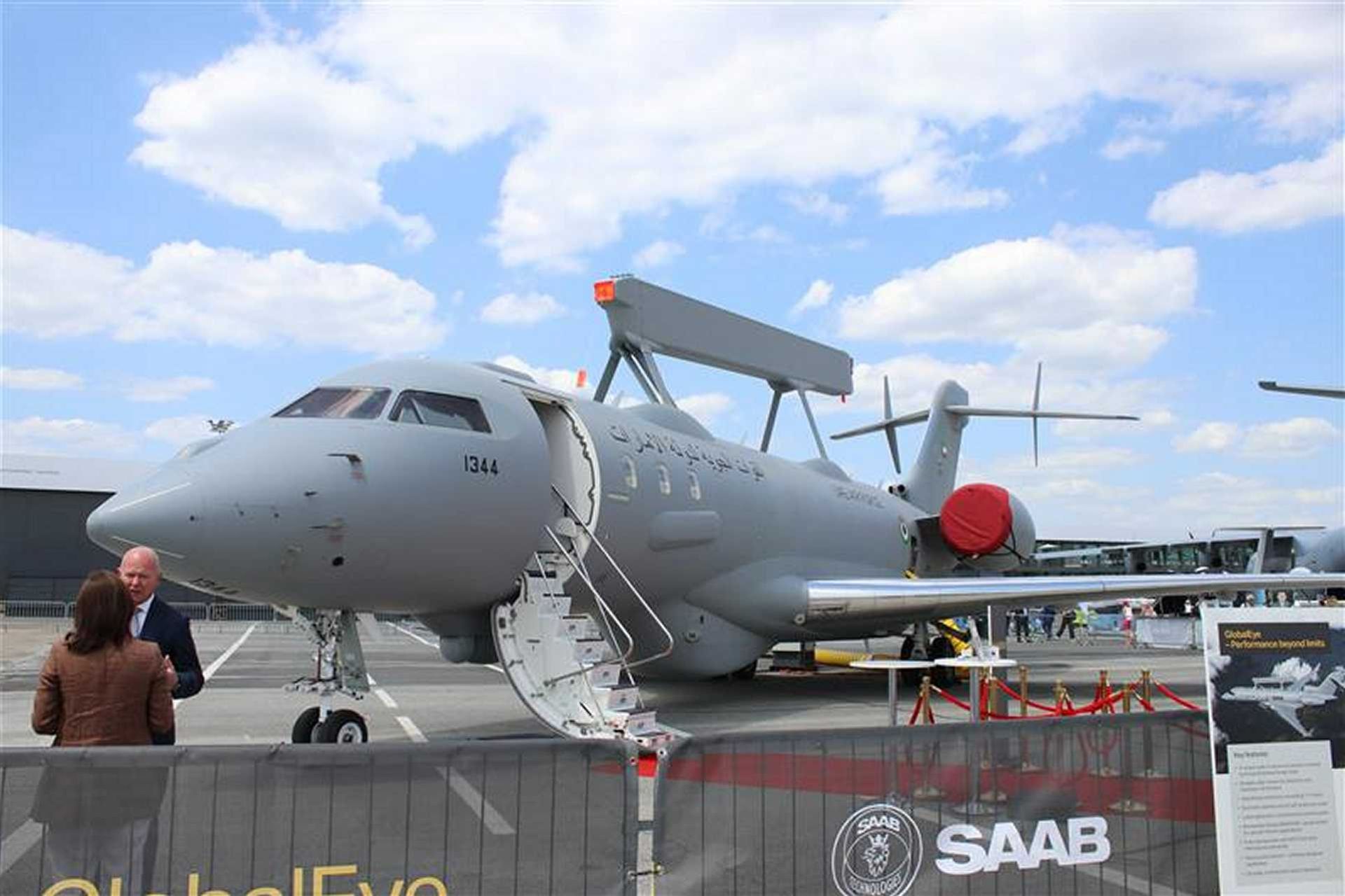 The Saab GlobalEye is a multi-domain airborne early warning and control (AEW&C) aircraft combining long-range radar, electro-optical sensors, and electronic surveillance systems on a Bombardier Global 6000/6500 jet platform, designed to provide real-time air, sea, and ground threat detection with over 11 hours of operational endurance.