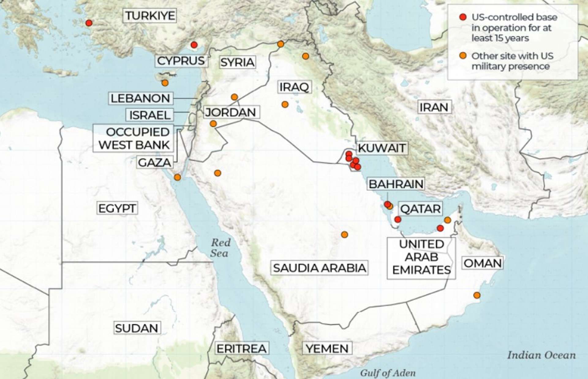 U.S. Bases in Middle East, near Iraq (Picture source: Al Jazeera).