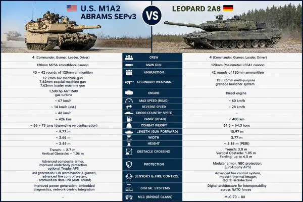 Side-by-side comparison of the U.S. Army M1A2 SEPv3 Abrams and Germany’s Leopard 2A8 highlights key differences in firepower, protection systems, mobility, and digital battlefield integration shaping NATO armored warfare.
