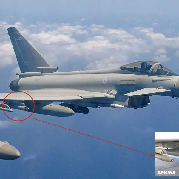 British Royal Air Force (RAF) Typhoon fighter jet armed with APKWS low-cost precision-guided rocket pods during Middle East operations, highlighting the UK’s new rapid-response counter-drone capability. Inset shows a close-up view of the APKWS launcher system designed to defeat drones at a fraction of the cost of traditional air-to-air missiles.