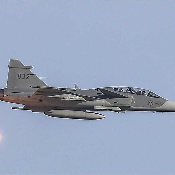 Swedish Saab JAS 39 Gripen fighter jet from FMV Test and Evaluation flies over RAF Coningsby during Viking Flame trials, supporting NATO efforts to test next-generation aircraft survivability systems.