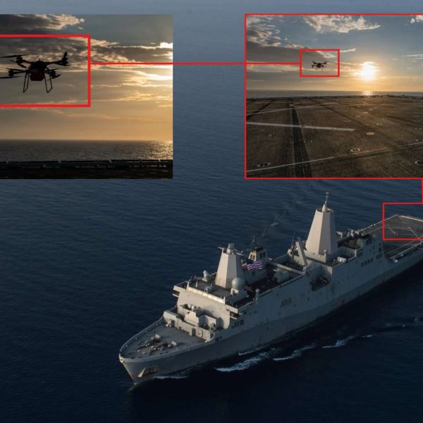 The U.S. Marine Corps tested the TRV-150C cargo drone aboard a San Antonio-class amphibious ship to enable faster, lower-risk resupply between ships and shore in dispersed naval operations (Picture Source: U.S. Navy)