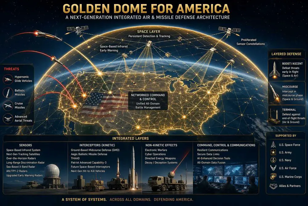 AI-generated illustration of the U.S. “Golden Dome for America” concept, depicting a next-generation, layered homeland missile defense network integrating space-based sensors, multi-domain interceptors, and unified command systems to counter hypersonic, ballistic, and advanced aerial threats.