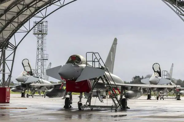 Eurofighter Typhoon twin-engine multirole fighter designed for air superiority and precision strike missions capable of Mach 2 speeds and equipped with advanced AESA radar and long range weapons such as Meteor missile