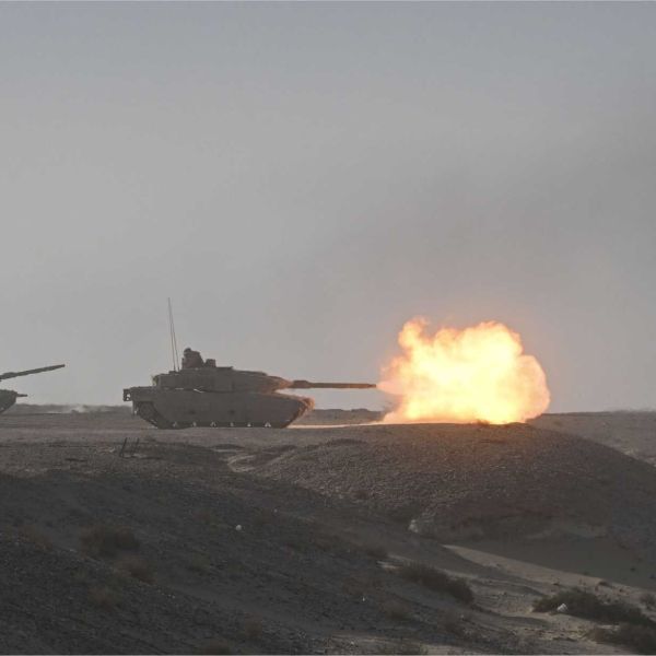 Qatari Leopard 2A7+ main battle tank conducts a live-fire exercise during Ferocious Falcon 6, demonstrating enhanced armored capability and bilateral interoperability with U.S. and allied forces.