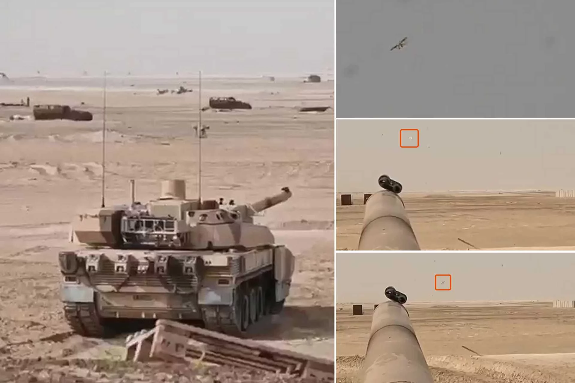 Lors d'essais à tirs réels à Abou Dhabi, un char de combat principal Leclerc de l'armée française, appartenant au 5e régiment de cuirassiers, a abattu avec succès un drone à l'aide d'un obusier OEFC F1 de 120 mm, afin d'évaluer ses capacités de défense antidrone opportunistes à courte portée. (Source photo : Armée française)