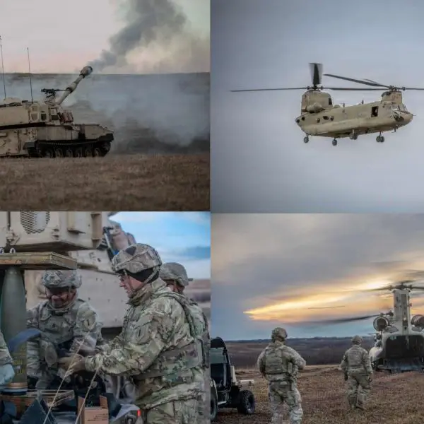 U.S. Army Soldiers from the 1st Battalion, 7th Field Artillery, 1st Infantry Division conduct a gun raid at Fort Riley, Kansas, validating rapid 155mm Paladin artillery employment and helicopter-delivered ammunition resupply to sustain fires while minimizing exposure to enemy counterbattery threats (Picture source: U.S. DoW).