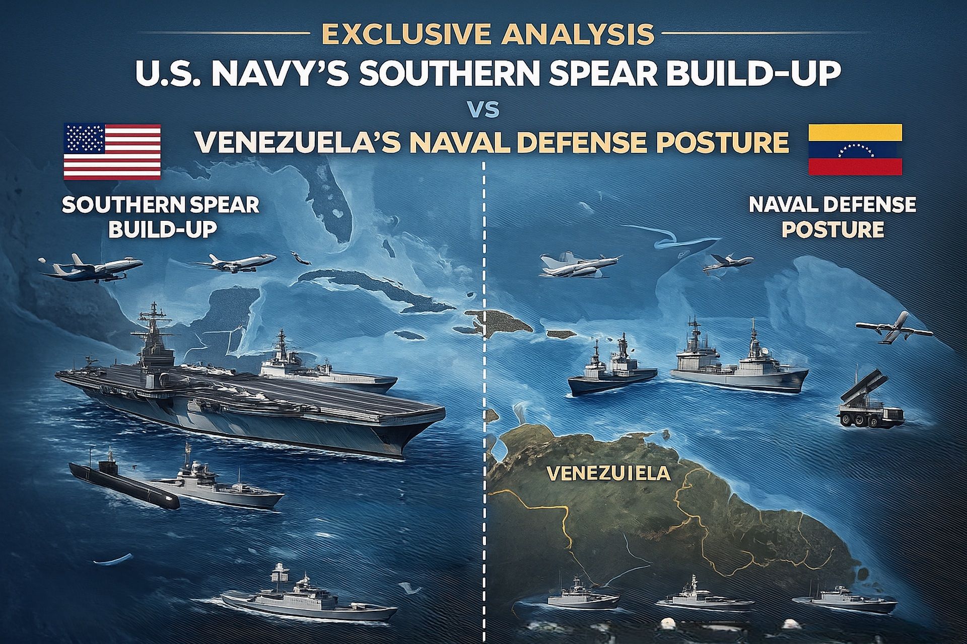The U.S. Navy’s Operation Southern Spear has concentrated powerful carrier and destroyer forces near Venezuela, overshadowing Venezuela’s smaller coastal fleet (Picture Source: AI-Generated)