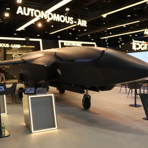 The Jeniah UCAV (Unmanned Combat Aerial Vehicle), EDGE Group’s largest and most advanced combat drone, showcased at the EDGE pavilion during UMEX 2026 in Abu Dhabi, highlighting its stealth design, high-speed capability, and modular strike payload system.