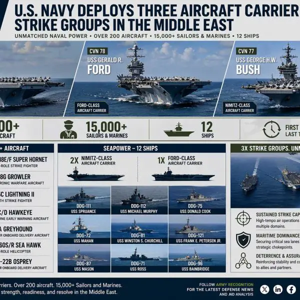 Three U.S. Navy aircraft carriers USS Abraham Lincoln, USS Gerald R. Ford, and USS George H.W. Bush operate simultaneously in the Middle East with over 200 aircraft and 15,000 personnel, marking the largest U.S. naval concentration in CENTCOM since 2003.