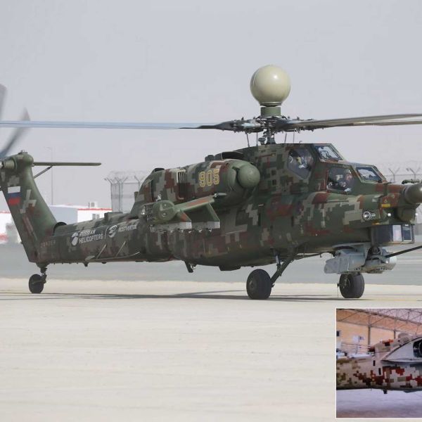 Armament on the Mi-28NE is extensive, including a 30 mm cannon, up to 16 air-to-ground missiles, MANPADS launchers, up to 80 80 mm rockets, up to 20 122 mm rockets, or four aerial bombs, for a maximum external weapons load of 2,100 kg. (Picture source: Telegram/Military Informant and Rostec)