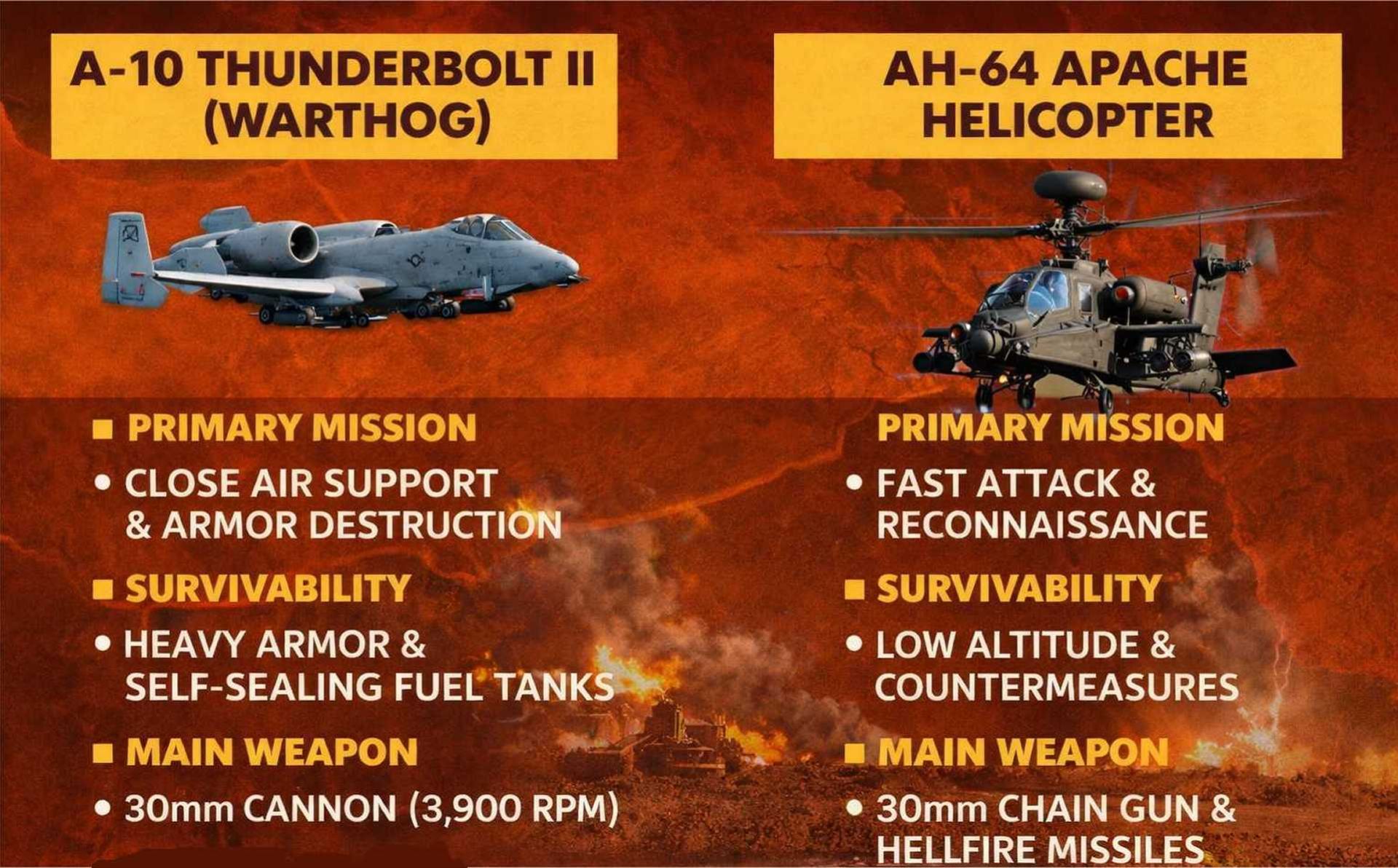 A-10 Thunderbolt II delivers precision close air support with its 30mm GAU-8 cannon and Maverick missiles, while AH-64 Apache helicopter provides rapid strike and armed reconnaissance using Hellfire missiles, rockets, and a 30mm chain gun in high-threat environments.