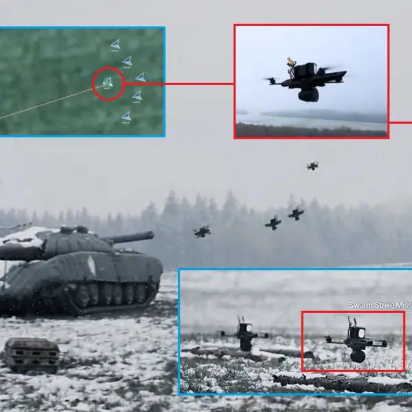 Auterion’s Nemyx software showcased a hybrid swarm strike, highlighting NATO’s push for interoperable drone masses as a path to scalable combat power (Picture Source: Auterion)