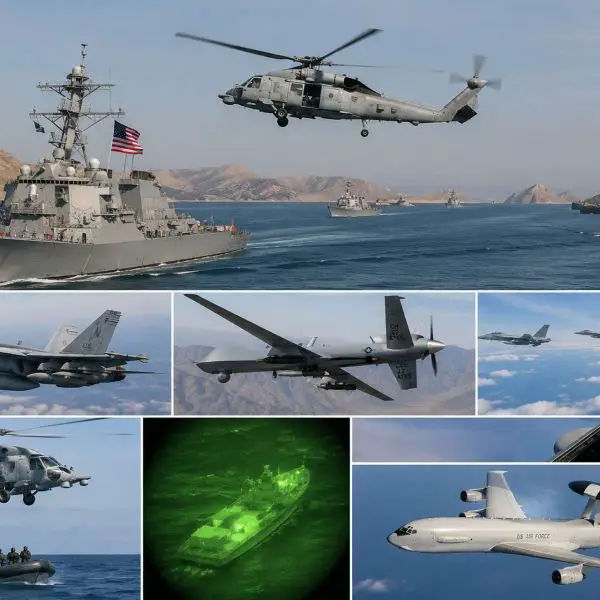U.S. destroyers, aircraft, helicopters, and drones supported Project Freedom in the Strait of Hormuz, demonstrating how Washington could protect selected commercial vessels from Iranian missile, drone, and small-boat threats (Picture source: Army Recognition Edit).