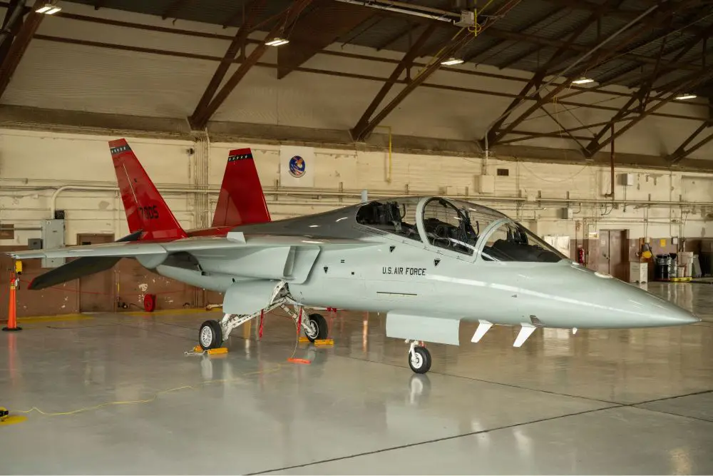 A T-7A Red Hawk is parked inside a hangar at Joint Base San Antonio-Randolph, Texas, on December 5, 2025