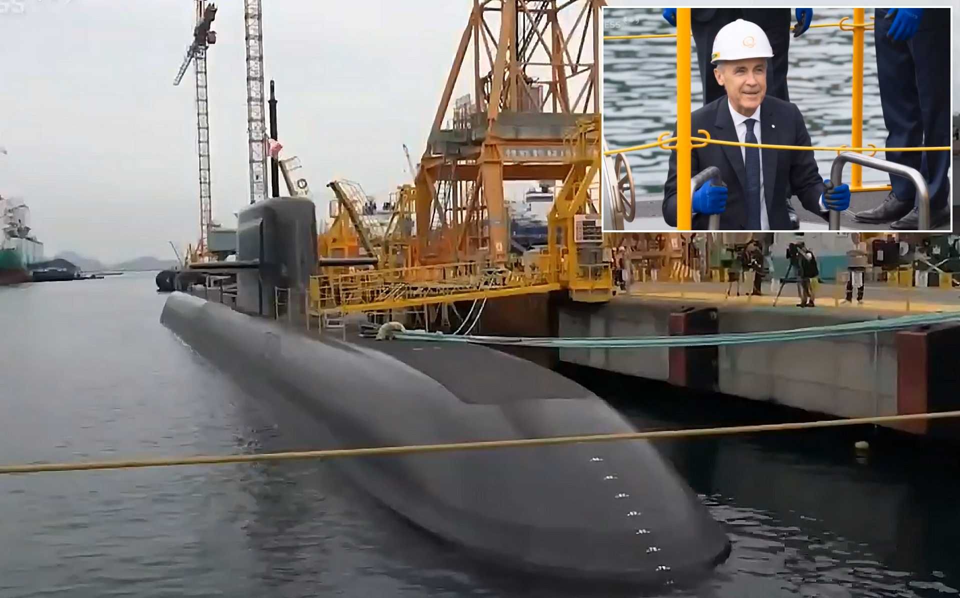 Canadian Prime Minister Mark Carney inspects South Korea’s KSS-III Batch-II submarine during a visit to Hanwha Ocean’s Geoje shipyard on October 30, 2025, as part of Canada’s evaluation of potential submarine suppliers under the Canadian Patrol Submarine Project.