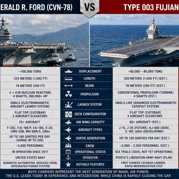 USS Gerald R. Ford vs China’s Type 003 Fujian: Side-by-side comparison highlights the shift in global naval air power, contrasting U.S. operational dominance and nuclear-powered endurance with China’s rapidly advancing carrier capabilities and next-generation launch systems.