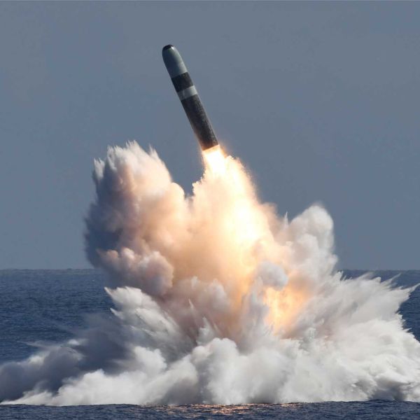 An unarmed Trident II D5 submarine-launched ballistic missile is launched from a U.S. Navy Ohio-class ballistic missile submarine during a flight test, demonstrating the reliability of onboard instrumentation systems critical to validating the performance and credibility of the United States’ sea-based nuclear deterrent.