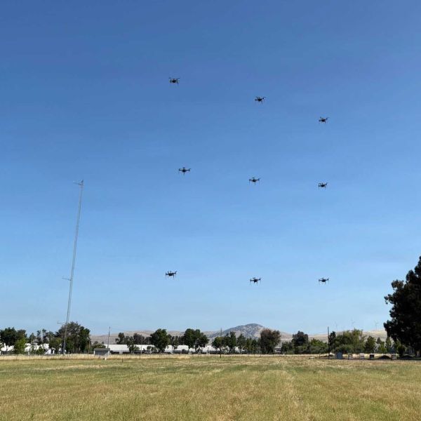 Multiple drones fly in coordinated formation during a swarm operation. AFRICOM's CURTAIN CALL program is exploring the use of defensive drone swarms as a low-cost solution to counter growing unmanned aerial system threats. (Picture source: AFRICOM)