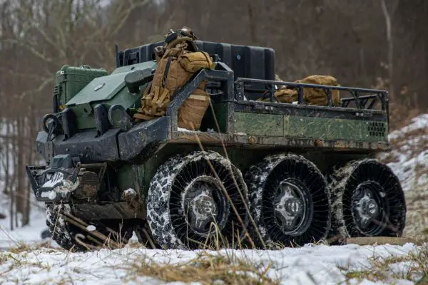 HDT Robotics’ Hunter WOLF 6x6 unmanned ground vehicle, delivered to the U.S. Army’s 3rd Brigade, 10th Mountain Division at Fort Polk, combines load carriage, casualty evacuation, power generation, ISR support, and optional remote weapon integration for light infantry operations (Picture source: HDT Global).