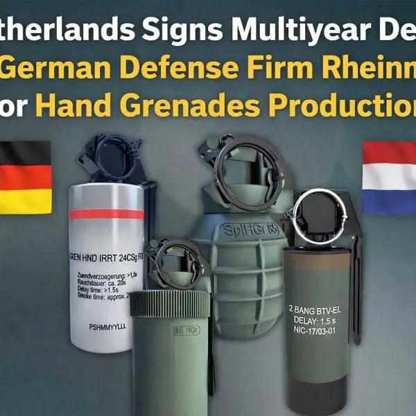 Hand grenades manufactured by the Germany Company Rheinmetall as part of a new multiyear supply agreement with the Dutch Army to enhance infantry capabilities and ensure long-term ammunition availability.
