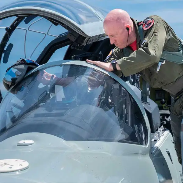 Lt. Col. Phillip Bourquin, director of operations of the U.S. Air Force's 99th Flying Training Squadron, conducts a pre-flight inspection of a T-7A Red Hawk at Joint Base San Antonio-Randolph, Texas, on May 15, 2026. The aircraft is expected to replace the aging T-38 Talon and modernize U.S. Air Force pilot training for future fighter and bomber fleets.