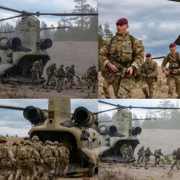 A U.S. Army CH-47 Chinook helicopter carried British paratroopers during NATO hot-load training in Finland, demonstrating rapid Allied reinforcement capability near Russia’s border during Exercise Saber Strike 2026 (Picture Source: U.S. Army)