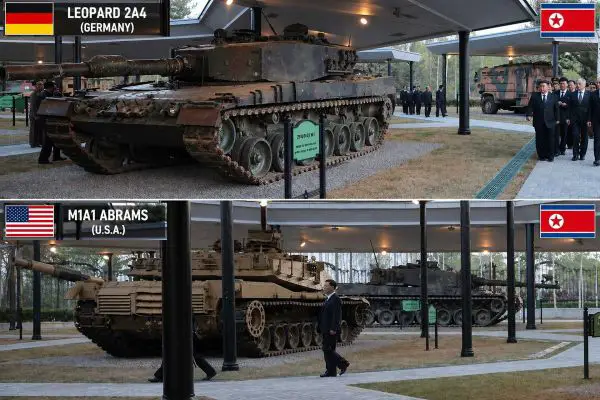 Imagery released by the Korean Central News Agency (KCNA) on April 26, 2026, shows North Korean personnel inspecting U.S. M1A1 Abrams and German Leopard 2A4 main battle tanks.