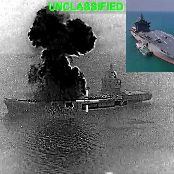 The Shahid Bagheri burns after a U.S. strike, marking the destruction of Iran’s most ambitious sea-based drone warfare platform (Picture source: U.S. CENTCOM/ Screenshot from video by Iranian state media).