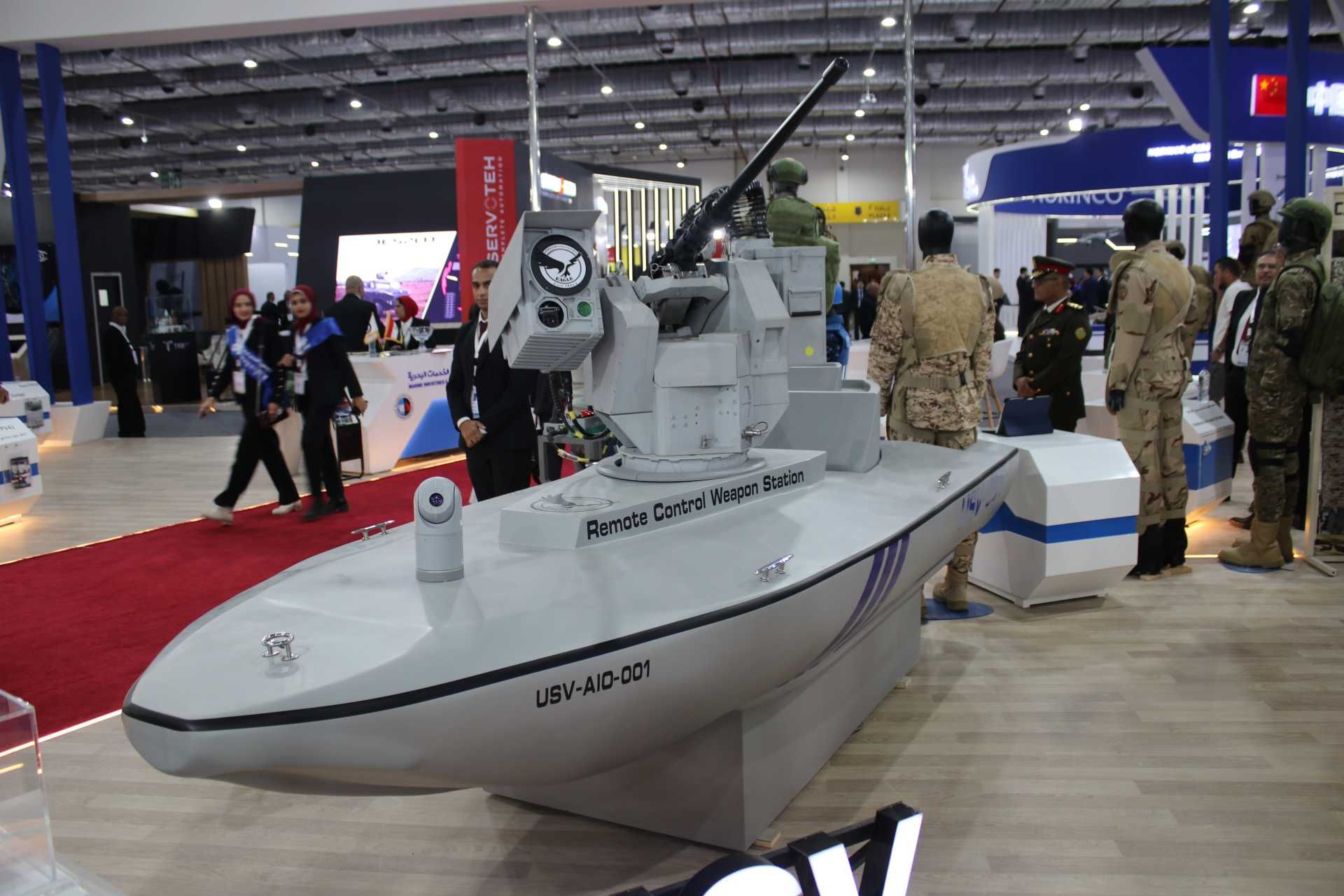 Based on Escribano's Guardian, the Eagle-2 turret on the USV-AIO-001 is a lightweight, two-axis gyro-stabilized remote weapon station designed for naval craft and capable of functioning at sea state 3 in all climatic conditions. (Picture source: Army Recognition)