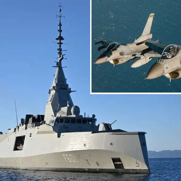 Kimon’s Aster SAMs and modern radar provide wide-area tracking and intercepts against aircraft, cruise missiles, and drones. Psara adds point defense with Sea Sparrow missiles, Phalanx CIWS, a 127 mm gun, and CENTAUR EW to detect and jam UAVs. F-16 Block 52+ fighters extend patrol and intercept reach (Picture source: Greece and French MoD).
