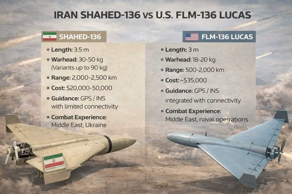 Comparative view of Iran’s Shahed-136 and U.S. FLM-136 LUCAS loitering munitions highlighting design similarities, payload differences, and evolving roles in the U.S.–Iran conflict where low-cost drone warfare is reshaping strike operations.