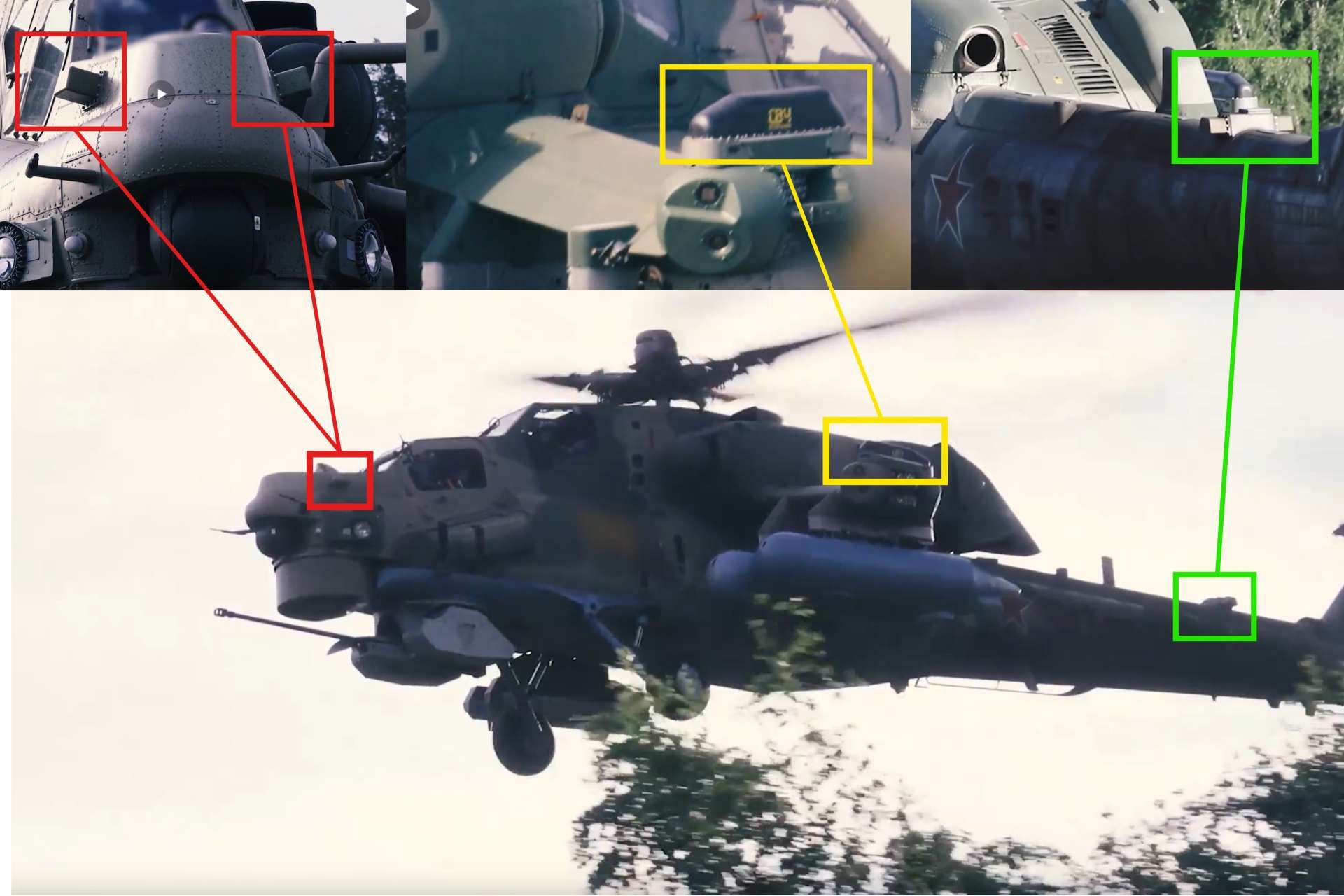 Russian Mi-28NM attack helicopter footage shows possible new counter-drone electronic warfare antenna housings, suggesting Russia is adapting rotary-wing aircraft for survivability in Ukraine’s drone-heavy battlefield (Picture Source: Russian MoD / Edited by Army Recognition Group) © Army Recognition Group. All rights reserved. Unauthorized use, reproduction, or distribution prohibited.