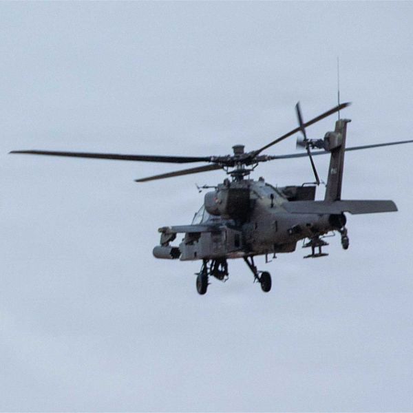A U.S. Army AH-64 Apache operates during a live-fire phase of Exercise Sky Shield at the Udari Range Complex in Kuwait on Dec. 9, 2025.