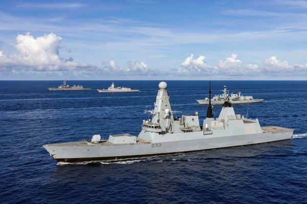 British Royal Navy HMS Dauntless, a Type 45 Daring-class air-defense destroyer, equipped with the Sylver Vertical Launching System (VLS) firing Aster 30 surface-to-air missiles as part of the UK’s principal naval area air defense capability.