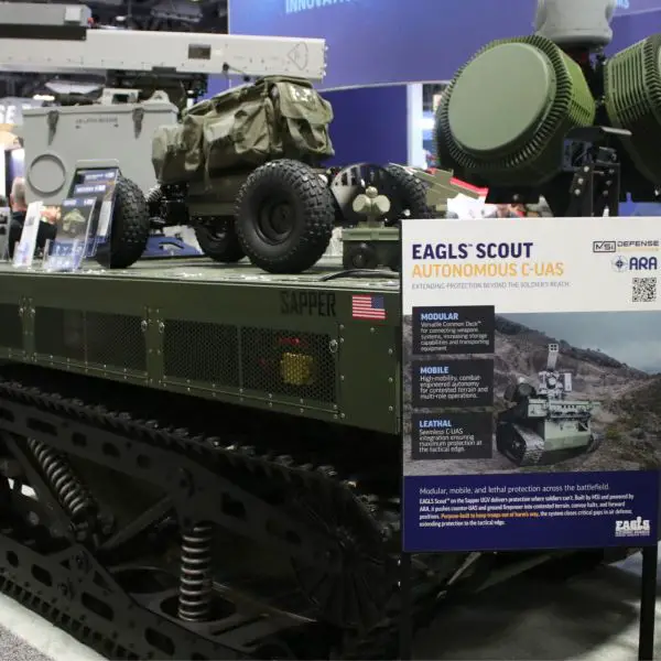 EAGLS Scout counter-UAS on the Sapper unmanned ground vehicle, displayed by MSI Defense Solutions with ARA at AUSA 2025