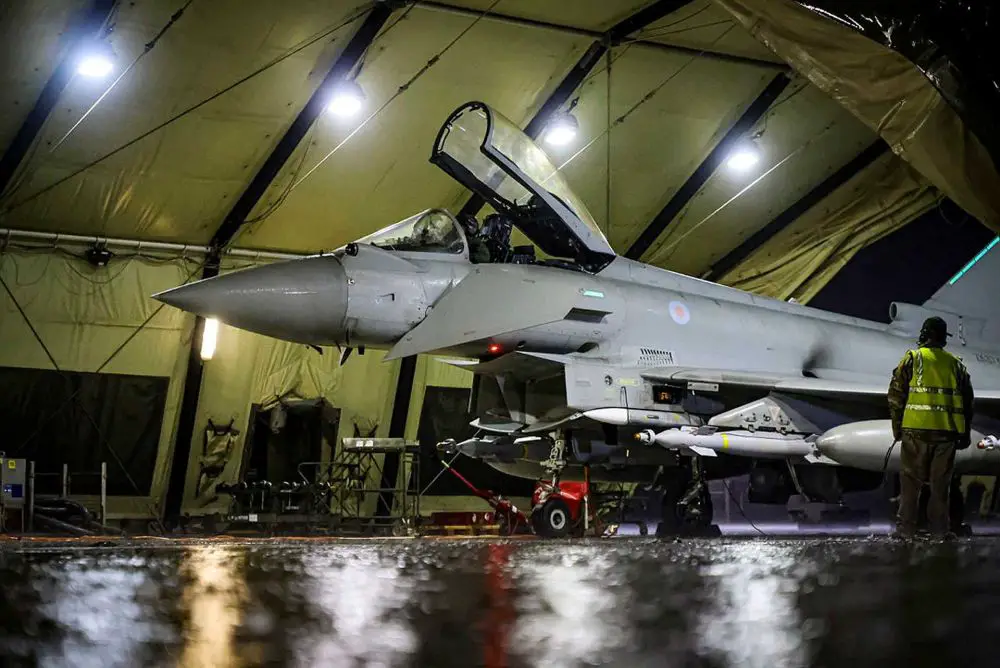 Illustrative image: RAF Typhoon FGR4 multirole fighter jets equipped with Paveway IV precision-guided bombs during combat operations similar to the January 3, 2026 strike on a fortified Daesh tunnel complex in eastern Syria.
