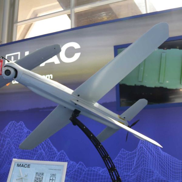 The Czech-made MACE loitering munition developed by U&C is displayed at WDS 2026, highlighting its X-wing airframe, rotating tail stabilizers, and modular strike configuration designed for precision attacks in high-intensity combat environments.