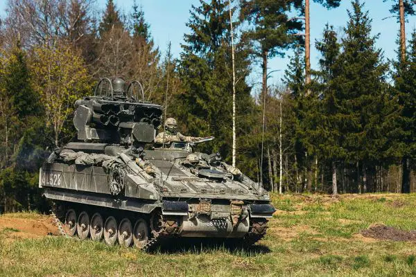 British Army Stormer HVM air defense vehicle equipped with Starstreak high-velocity missiles, designed to rapidly intercept drones, helicopters, and low-flying aerial threats in frontline combat environments.