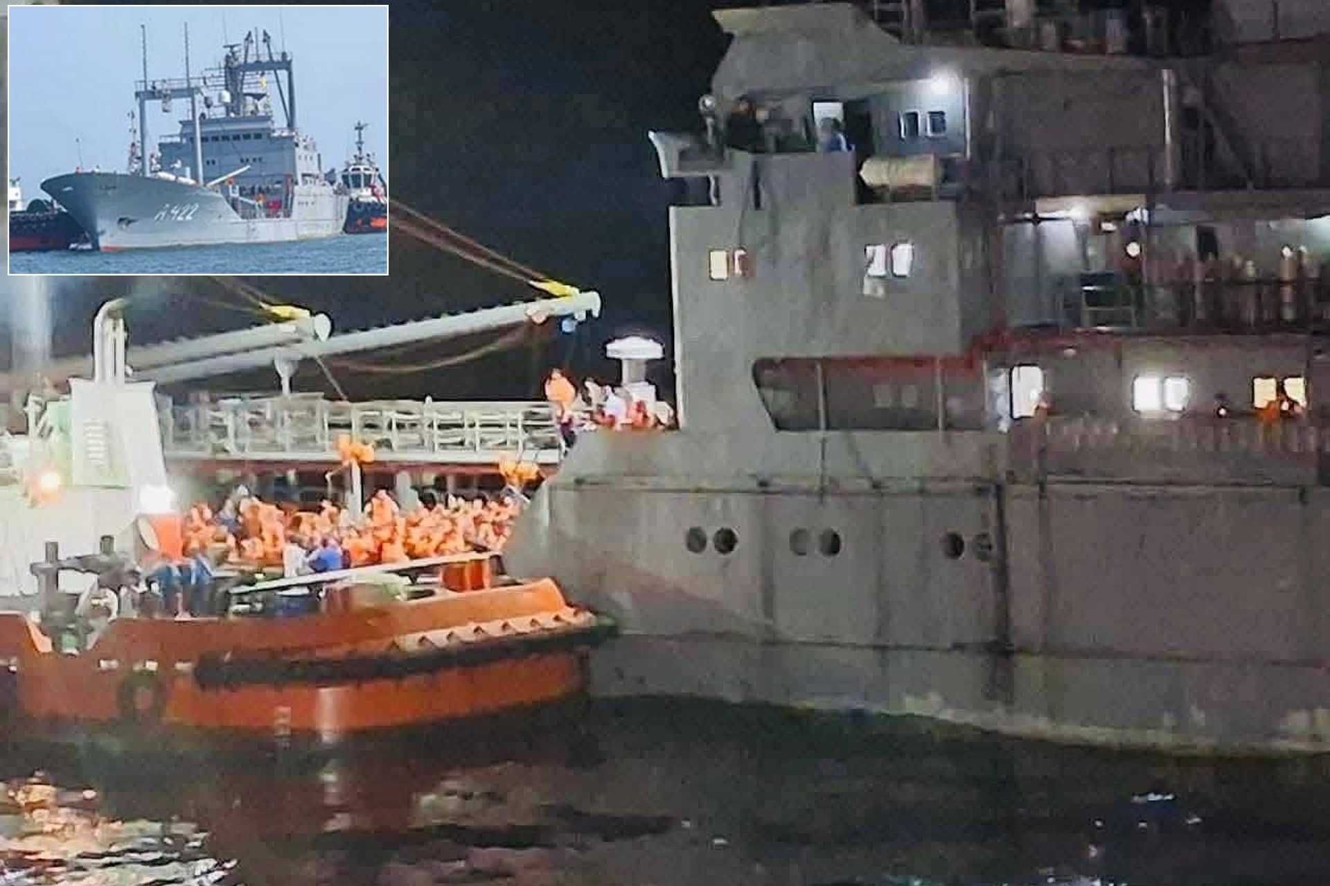 The Bandar Abbas-class fleet replenishment ship IRIS Bushehr (422) requested assistance from Sri Lanka on March 4, 2026, after one of its engines malfunctioned, leading to the evacuation of more than 200 crew members. (Picture source: Facebook/Anupa Kavindu Bandara and X/visionergeo)