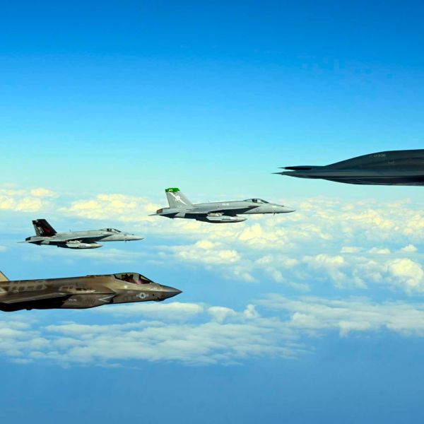 A U.S. Air Force B-2 Spirit teamed with Navy F-35C and F/A-18E fighters off California to rehearse a long-range, networked maritime strike designed to counter emerging anti-access threats (Picture Source:  U.S. Air Force’s 509th Bomb Wing)