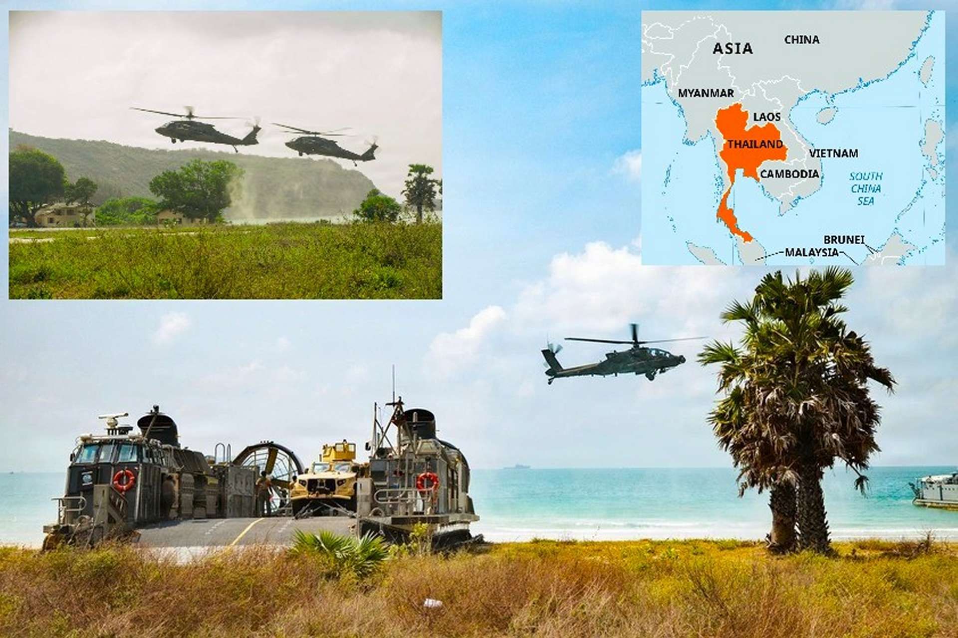 U.S. Navy LCAC 81 and Army Apache and Black Hawk helicopters conducted coordinated sea-based amphibious operations during Cobra Gold 2026 off Thailand’s Hat Yao Beach, underscoring joint littoral combat readiness in the Indo-Pacific (Picture Source: DVIDS)