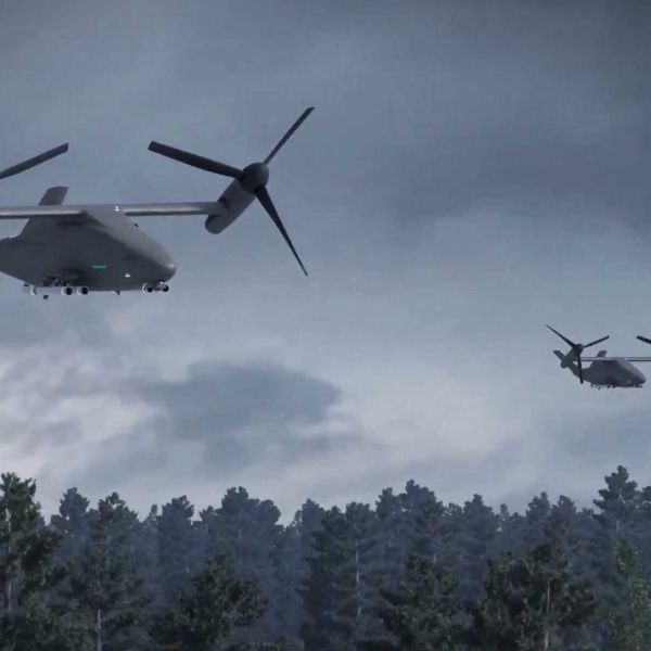 Artistic rendering of Boeing's CxR unmanned tiltrotor concept, showcasing its modular design and expeditionary configuration intended for multi-mission roles alongside legacy platforms such as the AH-64 Apache and CH-47 Chinook helicopters.