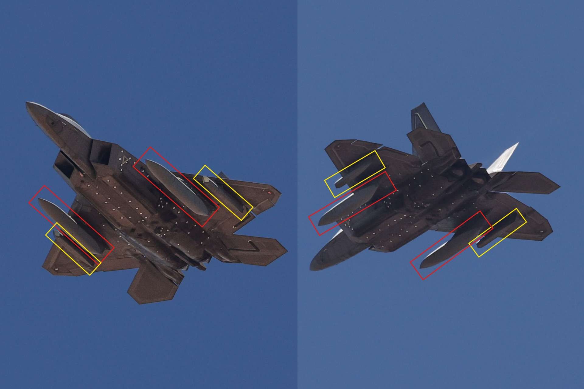 New images show an F-22 Raptor flying with stealth fuel tanks and sensor pods, signaling a U.S. push to extend range and boost passive detection in high-threat air combat (Picture Source: Jarod Hamilton on X)