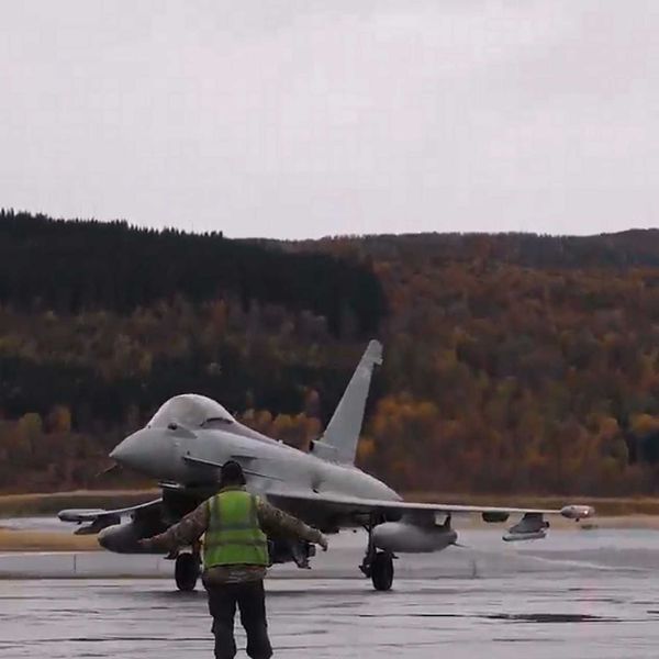 A British Royal Air Force Typhoon fighter jet from IX(B) Squadron operates from Evenes Air Station in Norway during Exercise HILLSTREAM, supporting joint Arctic operations under the UK-led Joint Expeditionary Force, October 2025