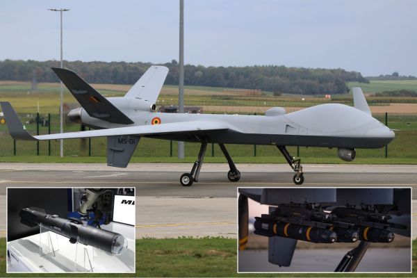 Belgium’s first MQ-9B SkyGuardian during its rollout presentation at Florennes Air Base with added Brimstone (left) and Hellfire (right) missile images (Picture source: Army Recognition Group)