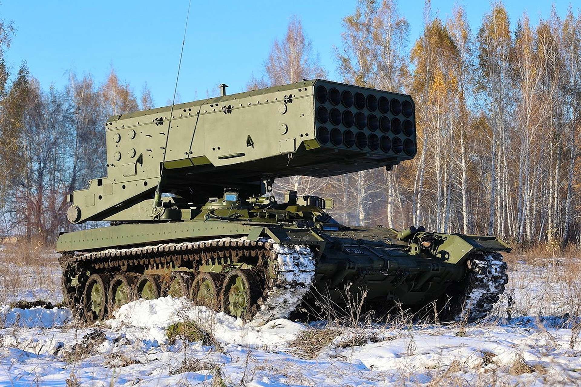 The TOS 1A Solntsepek is a tracked heavy flamethrower system that launches short range thermobaric rockets designed to clear fortified positions with intense overpressure (Picture Source: Rostec)
