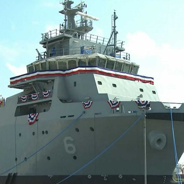 USNS Navajo (T-ATS 6), the lead towing, salvage and rescue ship of its class, is christened on August 26, 2023, while the U.S. Navy continues the expansion of this new generation of auxiliary vessels with the christening of follow-on ships such as USNS Solomon Atkinson (T-ATS 12), strengthening fleet towing, salvage, and recovery capabilities.