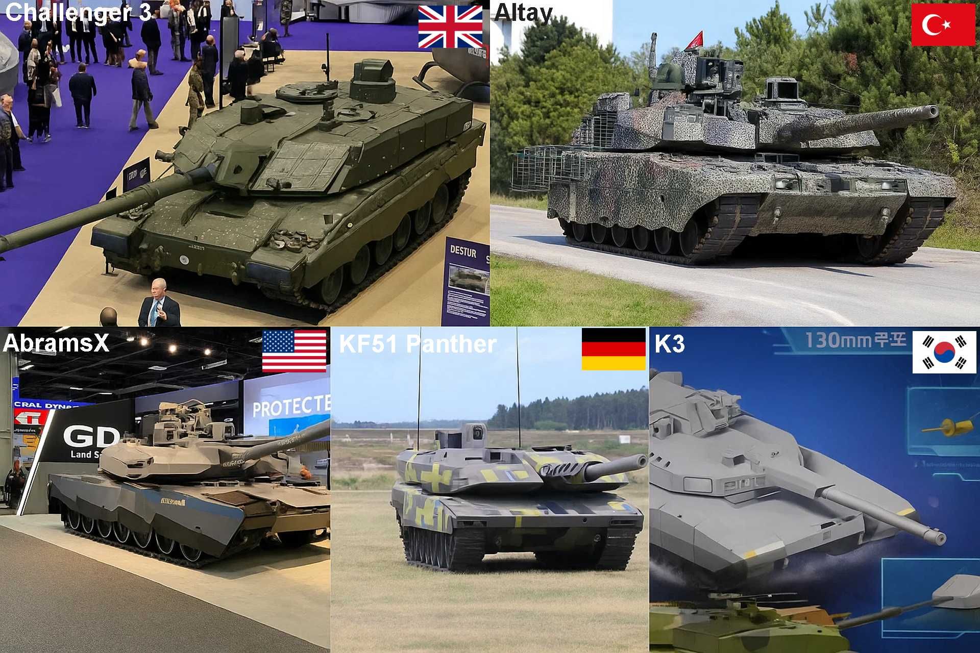 Visual lineup of the world’s most advanced next-generation main battle tanks in 2025: South Korea’s K3 concept model, Germany’s KF51 Panther in Hungarian trials, the U.S. M1E3 Abrams design evolution, Turkey’s newly fielded Altay, and the UK’s Challenger 3 during live-fire evaluation.