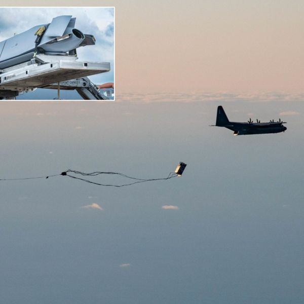 A Rapid Dragon palletized munition system deploys from a U.S. Air Force MC-130J Commando II during a live-fire demonstration over Norway in 2022. (Picture source: US DoD)